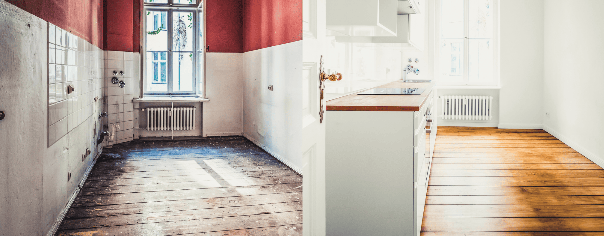 Interior of home with fire and smoke damage before and after restoration work