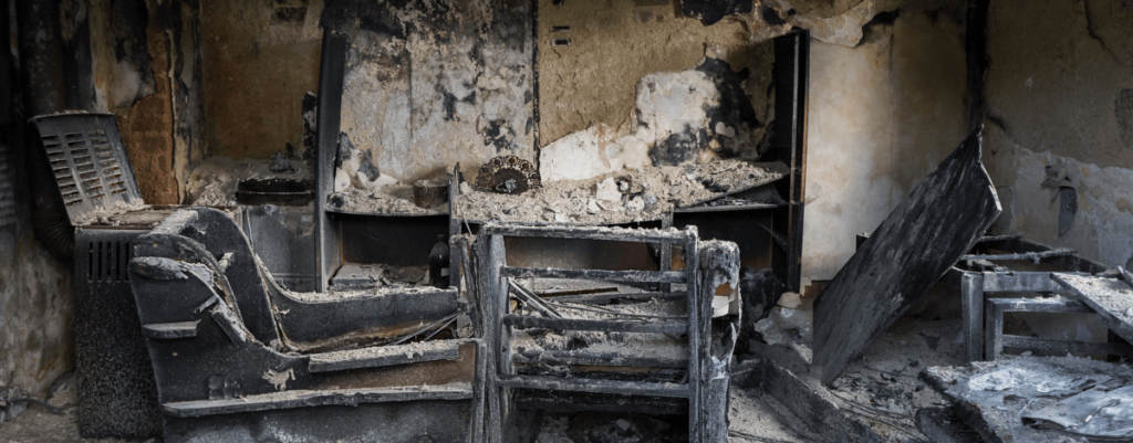 Fire and smoke damaged interior of a property